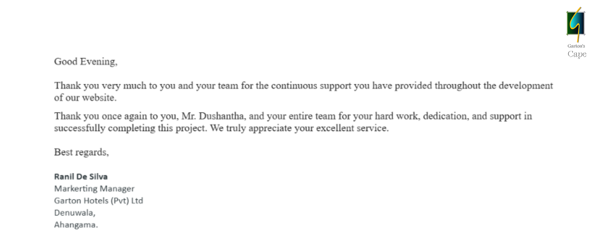 Client testimonial message